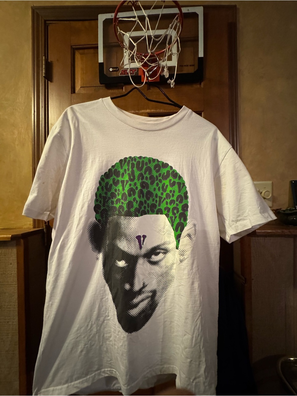 Men's White VLONE T-Shirt with Green Leopard Dennis Rodman Print